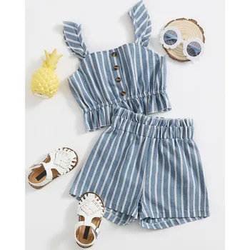 Летние шорты для маленьких девочек в полоску, укороченные рубашки на бретелях с оборками, топ и шорты, комплект пляжной одежды